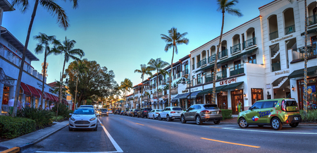 Naples, Florida, USA â September 16, 2018: Sunset over the shops along 5th Street in Old Naples, Florida.のeditorial素材