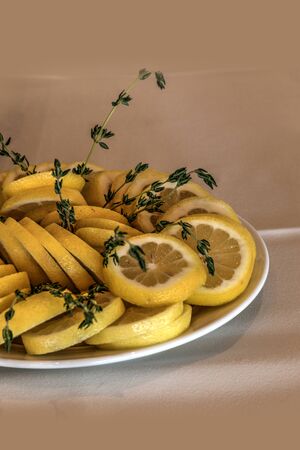 Lemon slices and Lemon Thyme herb on a plate, ready to make Lemon thyme cocktails.の写真素材