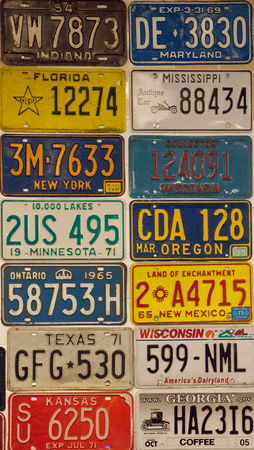 Punta Gorda, Florida, USA â€“ October 13, 2019: Background of car licenses plates placed...