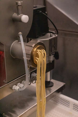 Handmade pasta emerges from a machine in an Italian kitchen.の写真素材