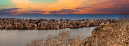 Panoramic view of the lake at sunset in Boston, Massachusetts.の写真素材