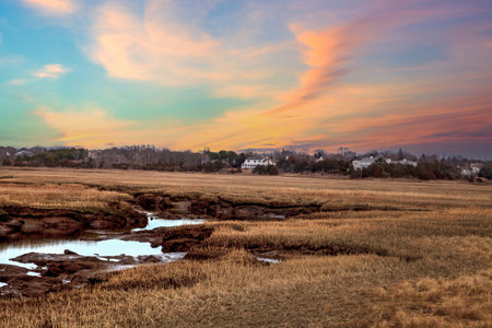Sunset over a small river in a rural area of New Jersey.の写真素材