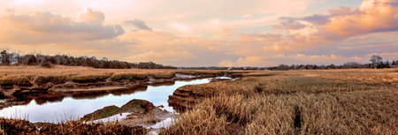 Panoramic view of the river and grassland at sunset.の写真素材