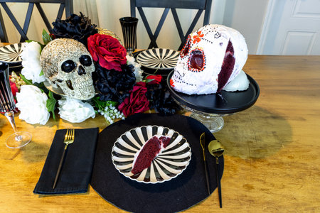 Red Velvet cake in the shape of a decorated skull on an All Saints Day decorated table.の写真素材