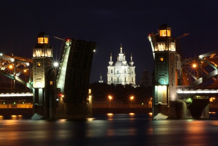 Night view on cathedral thru the leaf bridgeの写真素材