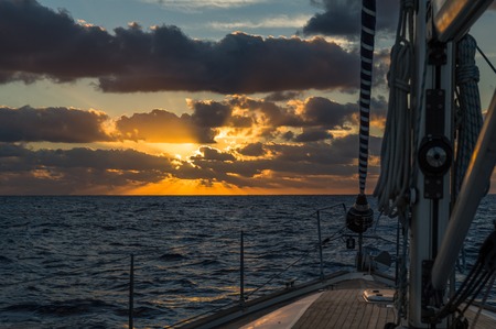 Sailing boat\'s deck at sunrise. Atlantic ocean. Canary islands.