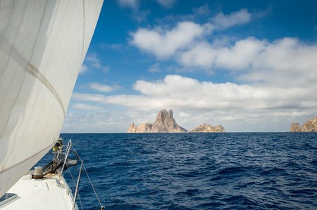 Cruising yacht sailing near Ibiza. Balearic islands, Eivissa, Spainの写真素材