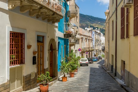 Lipari old town narrow streets. Italy touristic attractions.の写真素材