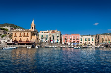 Lipari embankment with colorful traditional houses. Sicily, Italyの写真素材