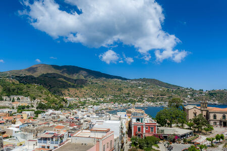 Lipari city and marina port landscape panoramic view. Sicily, Italyの写真素材