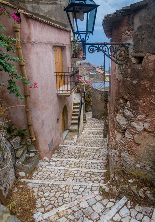 Narrow street of old fortress of Forsa dAgro. Sicily, Italyの写真素材