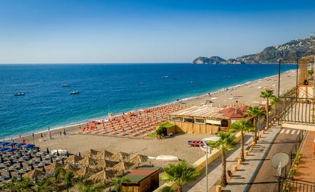 Sicilian beach at Letojanni village near Taormina. Sicily, Italyの写真素材