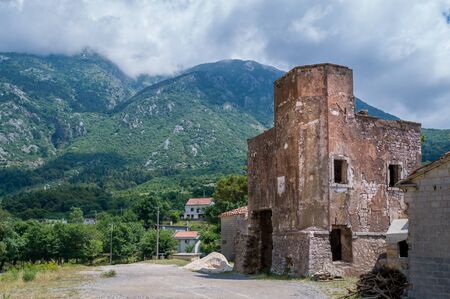 Ancient watch tower Wachhause Trojica on the crossroad from Lovcen national park to Kotor or Tivat Montenegro.の写真素材