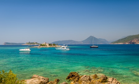 Adriatic sea bay near Fort Arzla. Recreational sailing and motor boat anchorage. Summer resorts of Montenegro.の写真素材