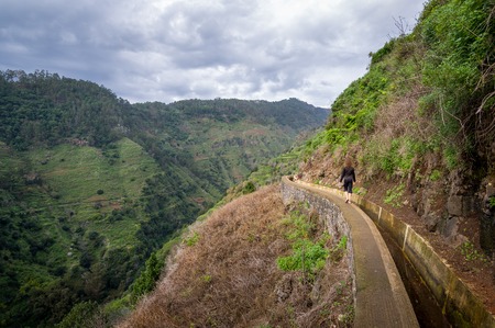 Levada Nova mountain hiking path near Lombada village. Ponta do Sol, Madeira island, Portugal.の写真素材