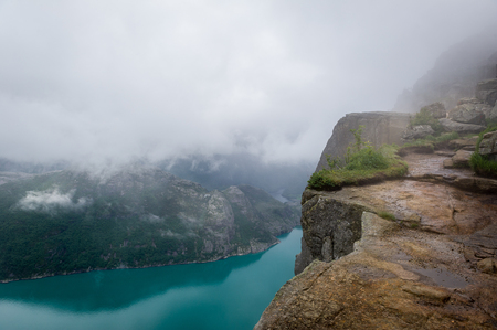 Scenic view to Lysefjord from famous Prekestolen rock cliff, Rogaland fjords, Norway.の写真素材
