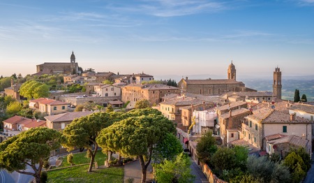 Montalcino old town at the beautiful sunset light. Travel Toscana landscapes, Italy.