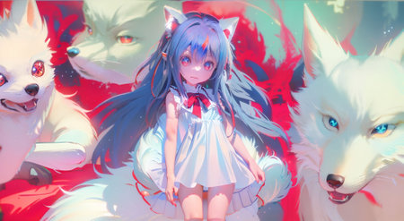 Wolf girl in red with wolvesの写真素材