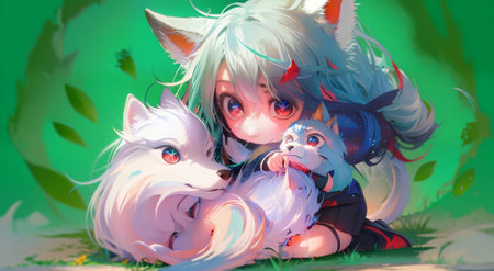 Cute wolf girl in the forest with baby foxの写真素材