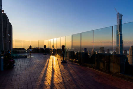 New York City skyline at sunrise.