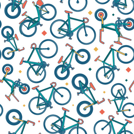 Vector seamless bicycle color themed pattern with citybike, folding, road, mountain, BMX, hybrid bikes with bordersのイラスト素材