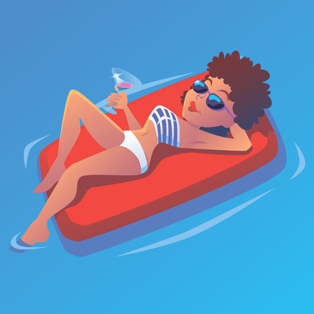 curly-haired girl in glasses on airbed in pool with martiniのイラスト素材