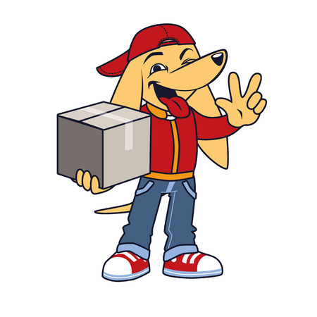 Asian dog in courier clothing with box shows victory signのイラスト素材