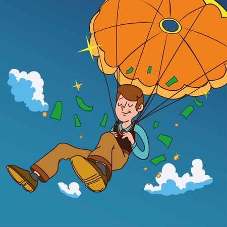 Smiling man fall on a golden parachute. のイラスト素材