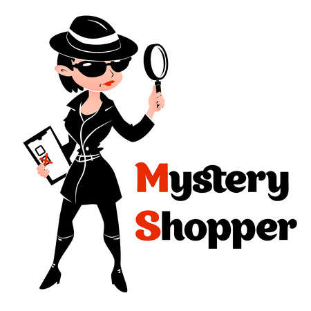 Black and white mystery shopper woman in spy coat, boots, sunglasses and hat with magnifier and checklist. Full-length vector.のイラスト素材
