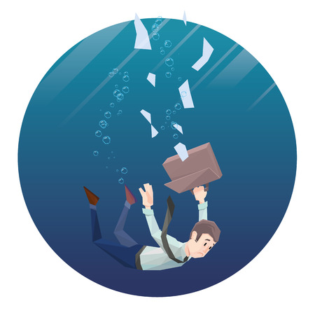 Polygon man in office wear with tie and case goes down under water. Round frame.のイラスト素材