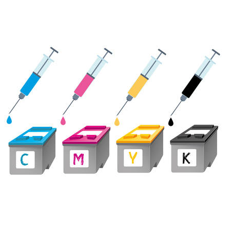 Refill CMYK ink cartridges in perspective and a syringe with a dropのイラスト素材