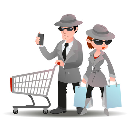 Mystery shopper man with shopping cart and mobile phone and woman with bags in sunglasses, spy coats and hatsのイラスト素材