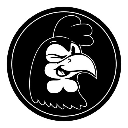 Vintage cartoon. Smiling and winking isolated retro cartoon rooster character in black circle.のイラスト素材