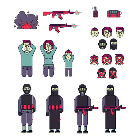 Icon set of suicide bomber terrorists with weapons and victims, including a kneeling man, woman and child. Flat vector style.のイラスト素材