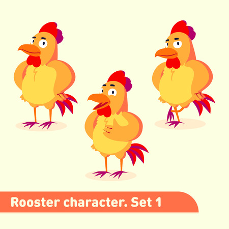 Vector illustrations set includes three standing poses of rooster character in cartoon styleのイラスト素材