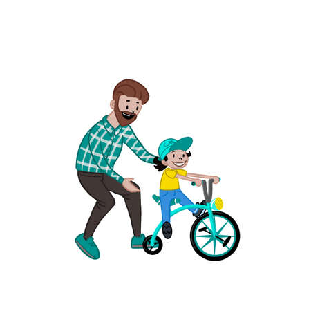 A caring father teaches his daughter to ride a bike for the first time. Father helps little boy child riding a bike. Parenting, parenting concept. flat style illustration isolated on white background.の写真素材