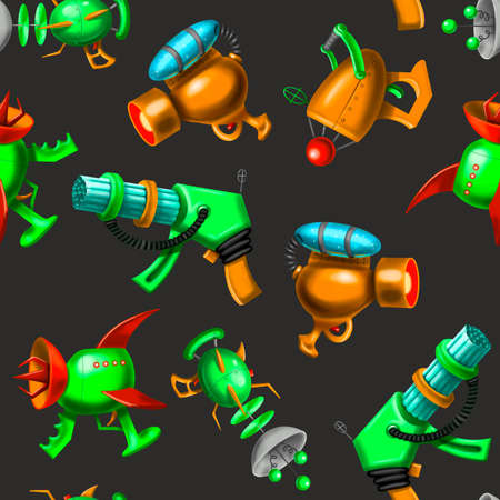 Set of cartoon retro space blasters, beam guns, laser weapons, patternの写真素材