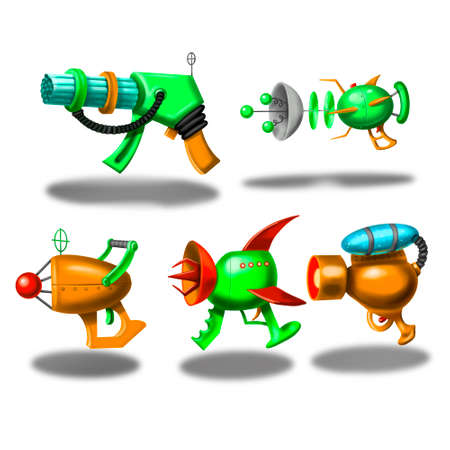Set of cartoon retro space blasters, beam guns, laser weapons isolated on white background.の写真素材