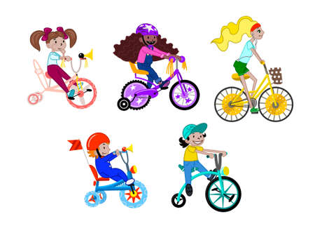Happy Little Children Riding Bicycle. Children ride bicycles, child on a bike, child on a bike illustration on a white background, Illustration of a group of children on a bike on a white backgroundの写真素材