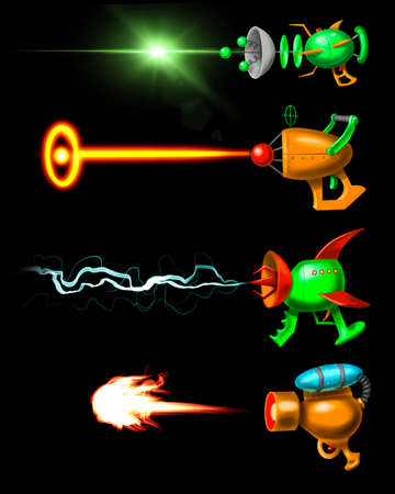 Set of cartoon retro space blasters, beam guns, laser weapons, patternの写真素材