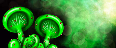 Banner Fantasy cartoon daytime forest with mushrooms landscape. illustration of magic mushroomsの写真素材