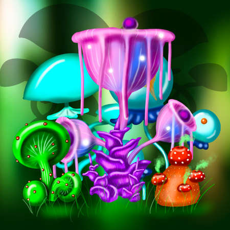 Fantasy cartoon daytime forest with mushrooms landscape. illustration of magic mushroomsの写真素材