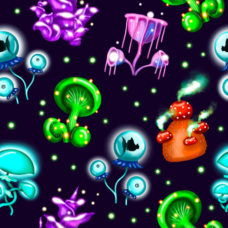 luminescent mushrooms glowing brightly at night. Beautiful fantasy mushrooms set. illustration seamless pattern on black backgroundの写真素材