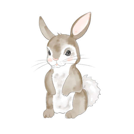 Cute little white cartoon hare. easter bunny with eggs. Happy easterの写真素材