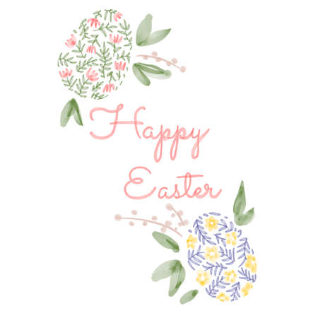 Happy Easter. illustrations of watercolor cute bunny, chick, flowers, plants and greeting frame. Pictures for poster, invitation, postcard or backgroundの写真素材
