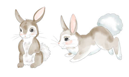 Cute little white cartoon hare. easter bunny with eggs. Happy easterの写真素材