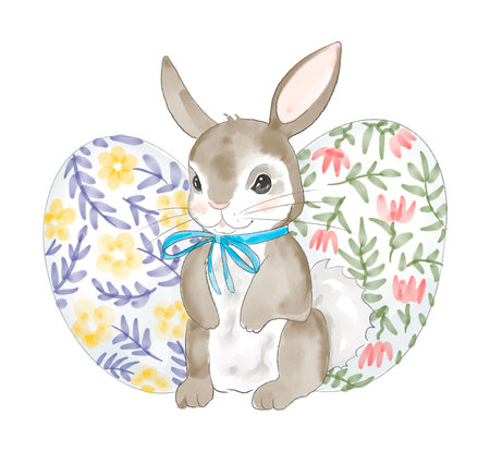 Cute little white cartoon hare. easter bunny with eggs. Happy easterの写真素材