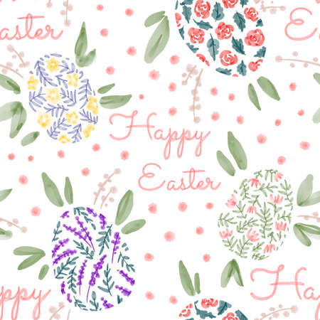 Seamless pattern with flowers, rabbits and Easter eggsの写真素材