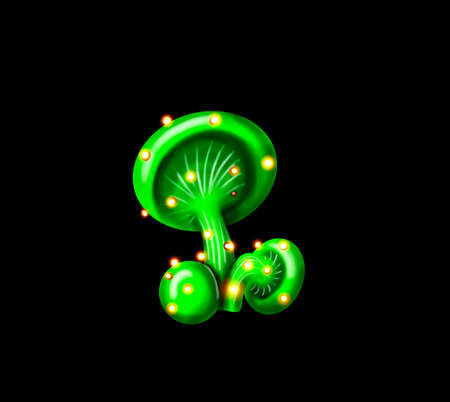 luminescent mushrooms glowing brightly at night. Beautiful fantasy mushrooms set. illustration of magic unusual elements of nature isolated on black backgroundの写真素材