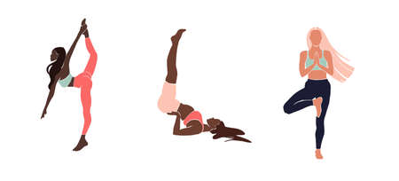Set Young girl yoga posing. Flat style illustration. african american girlの写真素材